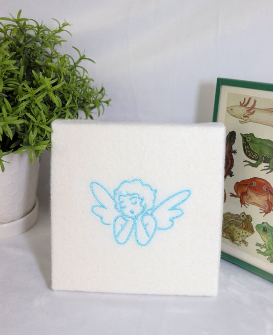 "Angel BB" Embroidered Felt Canvas (White/Blue) - 6 x 6 inches